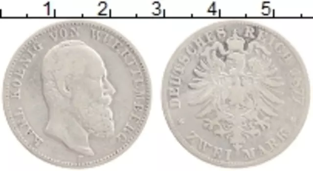 Монета 2 марки Вюртемберга 1877 года Серебро Карл