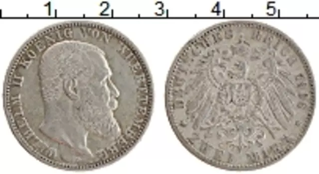 Монета 2 марки Вюртемберга 1906 года Серебро Е Вильгельм II