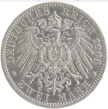 Монета 2 марки Вюртемберга 1908 года Серебро F