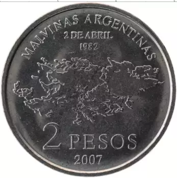 Монета 2 песо Аргентины 2007 года Медно-никель 25 лет Оккупации Фолклендских островов