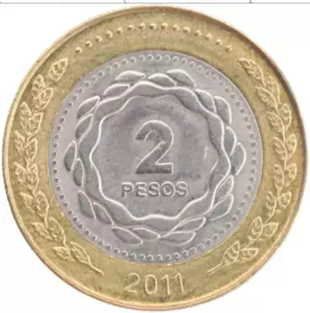 Монета 2 песо Аргентины 2011 года Биметалл