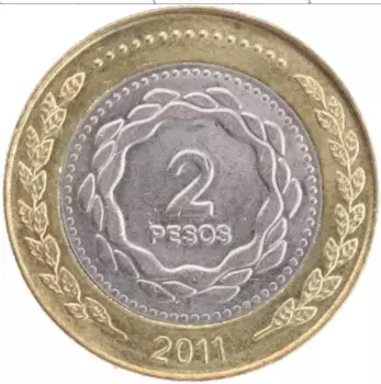 Монета 2 песо Аргентины 2011 года Биметалл