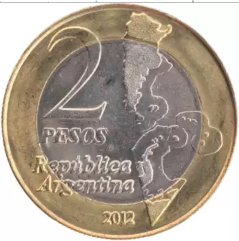 Монета 2 песо Аргентины 2012 года Биметалл 30-я годовщина войны за Фолклендские (Мальвинские) о-ва