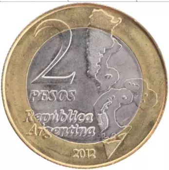 Монета 2 песо Аргентины 2012 года Биметалл 30 лет войны за Фолклендские острова