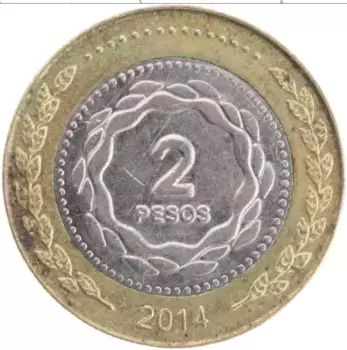 Монета 2 песо Аргентины 2014 года Биметалл