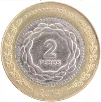 Монета 2 песо Аргентины 2014 года Биметалл