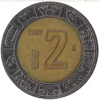 Монета 2 песо Мексики 2007 года Биметалл