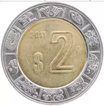 Монета 2 песо Мексики 2011 года Биметалл