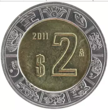 Монета 2 песо Мексики 2011 года Биметалл
