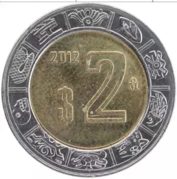 Монета 2 песо Мексики 2012 года Биметалл