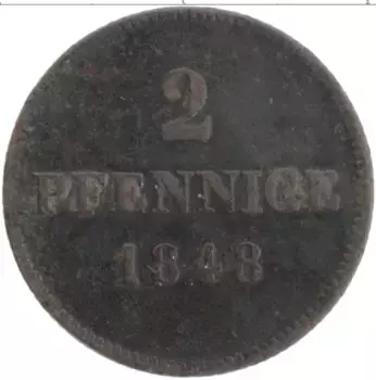 Монета 2 пфеннига Баварии 1848 года Медь Герб