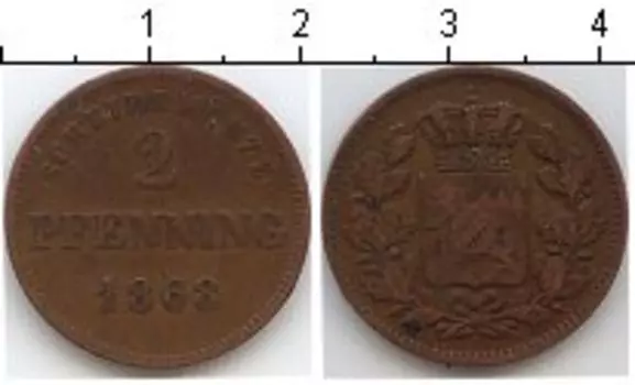 Монета 2 пфеннига Баварии 1868 года Медь