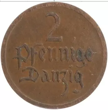 Монета 2 пфеннига Данцига 1926 года Бронза