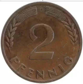 Монета 2 пфеннига ФРГ 1961 года Бронза D