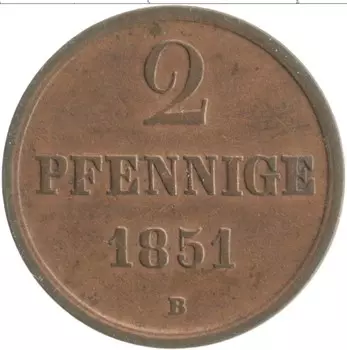 Монета 2 пфеннига Ганновера 1851 года Медь В