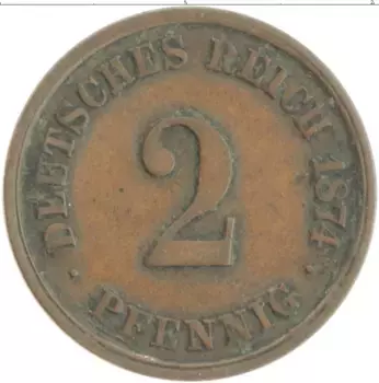 Монета 2 пфеннига Германии 1874 года Медь А