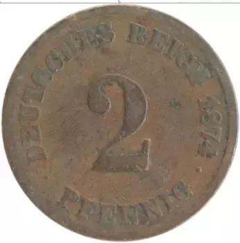 Монета 2 пфеннига Германии 1874 года Медь