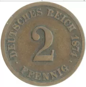 Монета 2 пфеннига Германии 1874 года Медь F