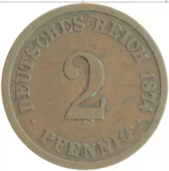 Монета 2 пфеннига Германии 1874 года Медь A