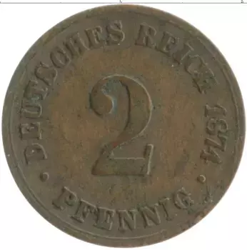 Монета 2 пфеннига Германии 1874 года Медь D