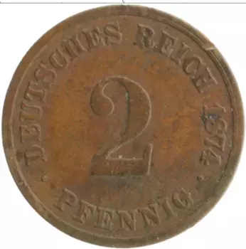 Монета 2 пфеннига Германии 1874 года Медь C