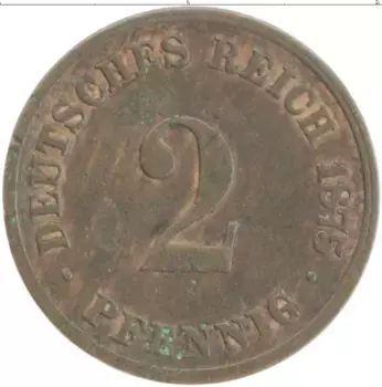Монета 2 пфеннига Германии 1875 года Медь С