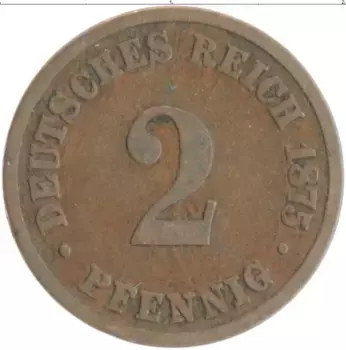 Монета 2 пфеннига Германии 1875 года Медь D