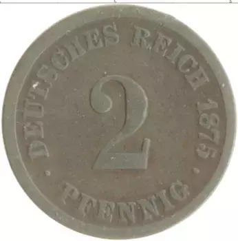 Монета 2 пфеннига Германии 1875 года Медь D