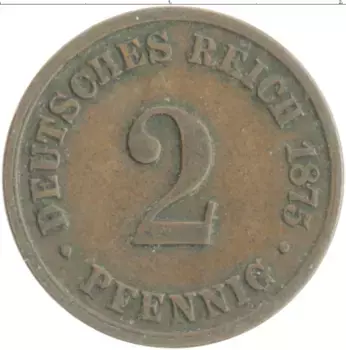 Монета 2 пфеннига Германии 1875 года Медь E