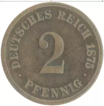 Монета 2 пфеннига Германии 1875 года Медь J