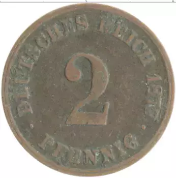 Монета 2 пфеннига Германии 1875 года Медь Е