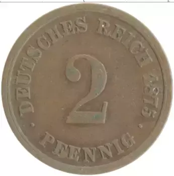 Монета 2 пфеннига Германии 1875 года Медь D