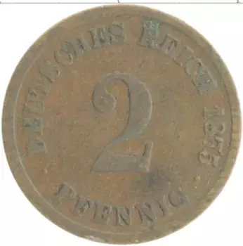 Монета 2 пфеннига Германии 1875 года Медь Е