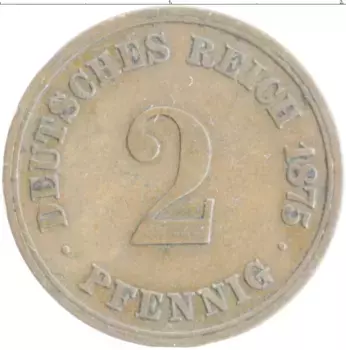 Монета 2 пфеннига Германии 1875 года Медь A