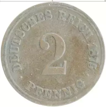 Монета 2 пфеннига Германии 1875 года Медь J