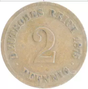 Монета 2 пфеннига Германии 1875 года Медь A