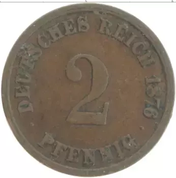 Монета 2 пфеннига Германии 1876 года Медь D
