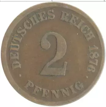 Монета 2 пфеннига Германии 1876 года Медь E