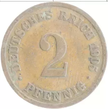 Монета 2 пфеннига Германии 1905 года Медь D
