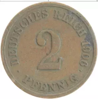 Монета 2 пфеннига Германии 1906 года Медь Е