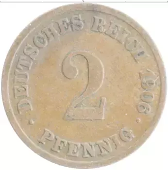 Монета 2 пфеннига Германии 1906 года Медь E