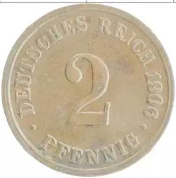 Монета 2 пфеннига Германии 1906 года Медь D