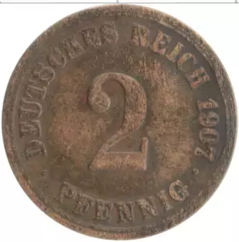Монета 2 пфеннига Германии 1907 года Бронза A