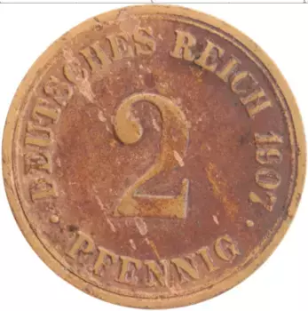 Монета 2 пфеннига Германии 1907 года Медь A