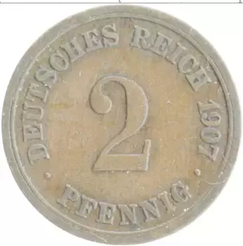 Монета 2 пфеннига Германии 1907 года Медь F