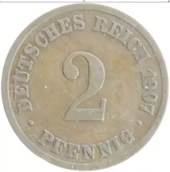Монета 2 пфеннига Германии 1907 года Медь D