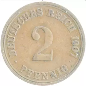 Монета 2 пфеннига Германии 1907 года Медь A