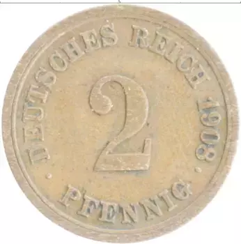 Монета 2 пфеннига Германии 1908 года Медь F