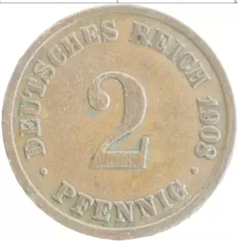 Монета 2 пфеннига Германии 1908 года Медь D