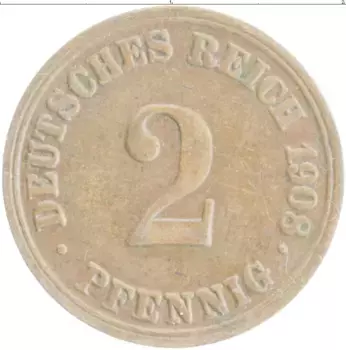 Монета 2 пфеннига Германии 1908 года Медь A
